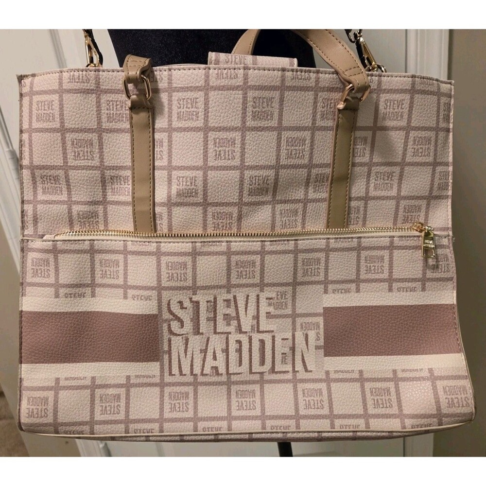 Steve Madden Women’s Large Beige/Pink Logo Tote Zip w/ Detachable Strap
